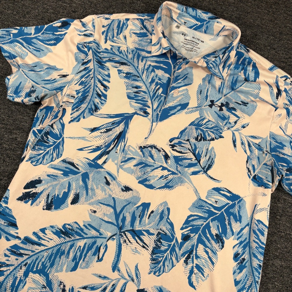 Under Armour Playoff Polo Mens XL Blue Tropical Palm Leaf Print Golf Shirt